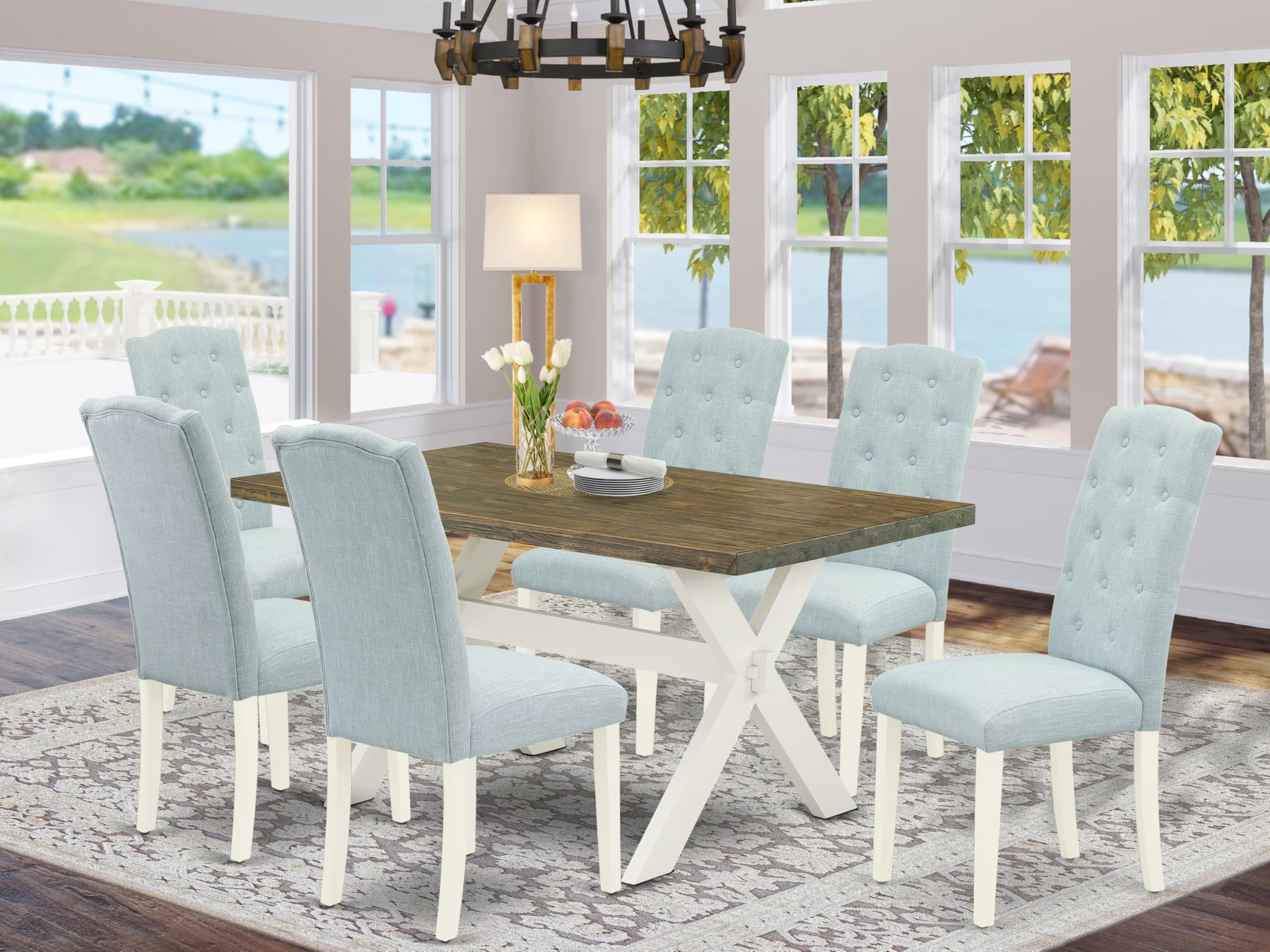East West Furniture X076Ce215-7 7 Piece Dining Table Set Consist Of A Rectangle Dining Room Table With X-Legs And 6 Baby Blue Linen Fabric Upholstered Chairs, 36X60 Inch, Multi-Color